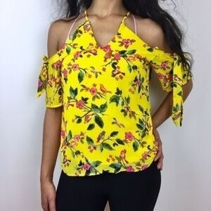 Monteau Womens Size S Bird & Floral Off The Shoulder Chiffon Blouse